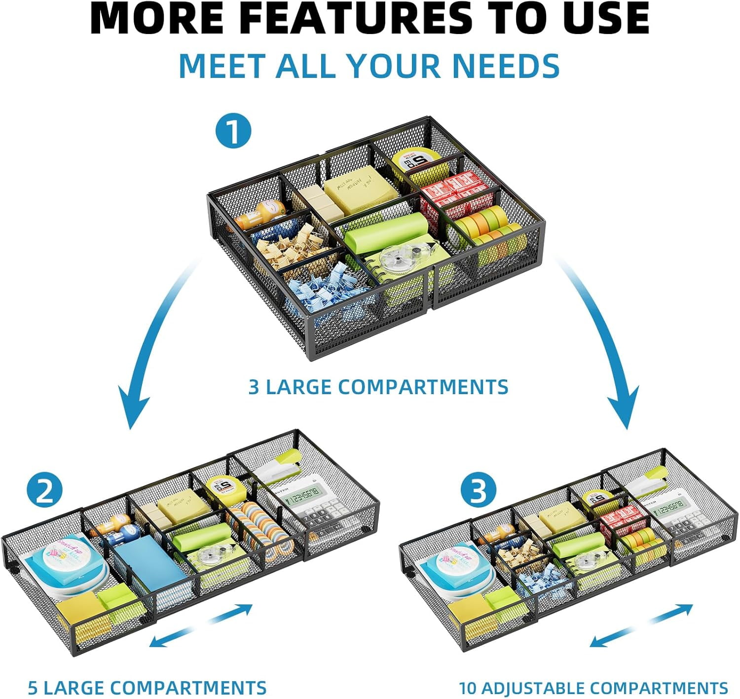 Expandable Desk Drawer Organizer, Mesh Drawer Organizer Tray with 10 Adjustable Compartments, Desk Organizers and Accessories for Office Supplies (Longer Expandable Drawer Organizer-B 2pack)