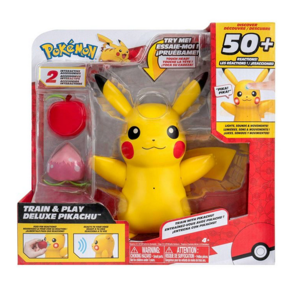 Pokemon Train and Play Deluxe Pikachu - 4.5-Inch Pikachu Figure with Lights, Sounds, and Moving Limbs plus Interactive Accessories