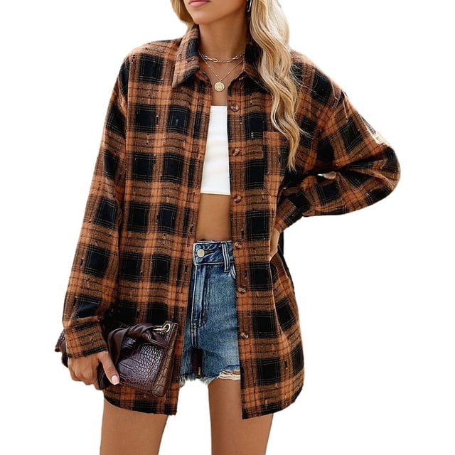 Women'S Button Down Flannel Shirts Shacket Long Sleeve Collared Business Casual Tops Work Blouses Yellow L