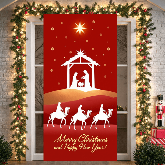 Nativity Scene Merry Christmas Banner Holiday Decoration Design Festive Stars Christmas Decor for Winter Celebration Home Decoration Party Decoration