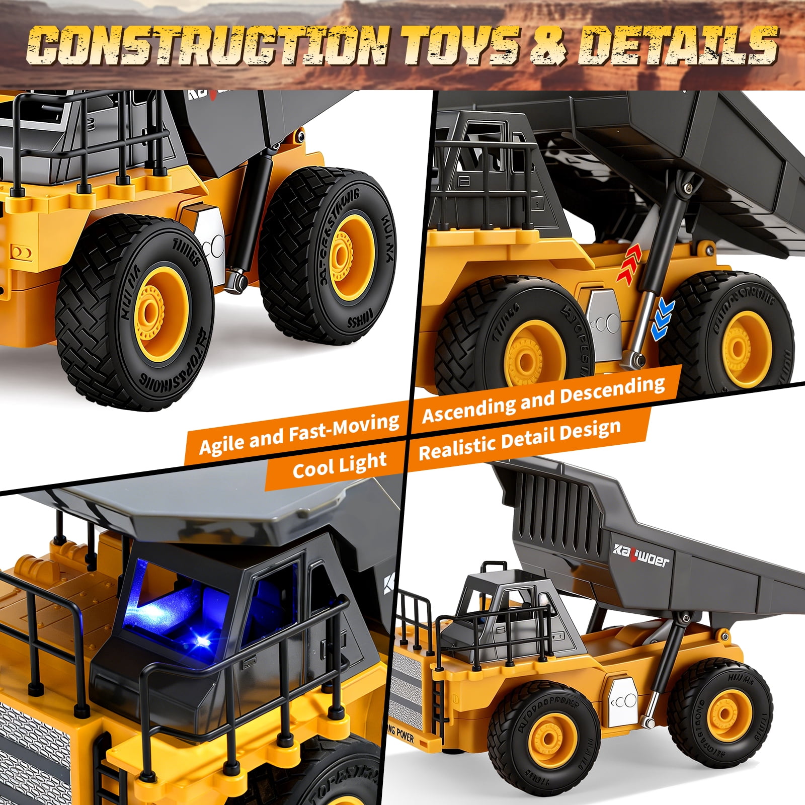 JoyStone RC Construction Vehicles Toy Set for Kids, 2.4Ghz Alloy RC Excavator and Dump Truck Toy with Light/Sounds/Auto Demo, RC Car Toys Gifts for Toddlers Boys