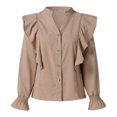 thumbnail image 2 of Jsaierl Button Down Shirts for Women Trendy Ruffle Trim High Neck Tops Polka Dot Print Blouses Plus Size Loose Comfy Work Shirts, 2 of 9
