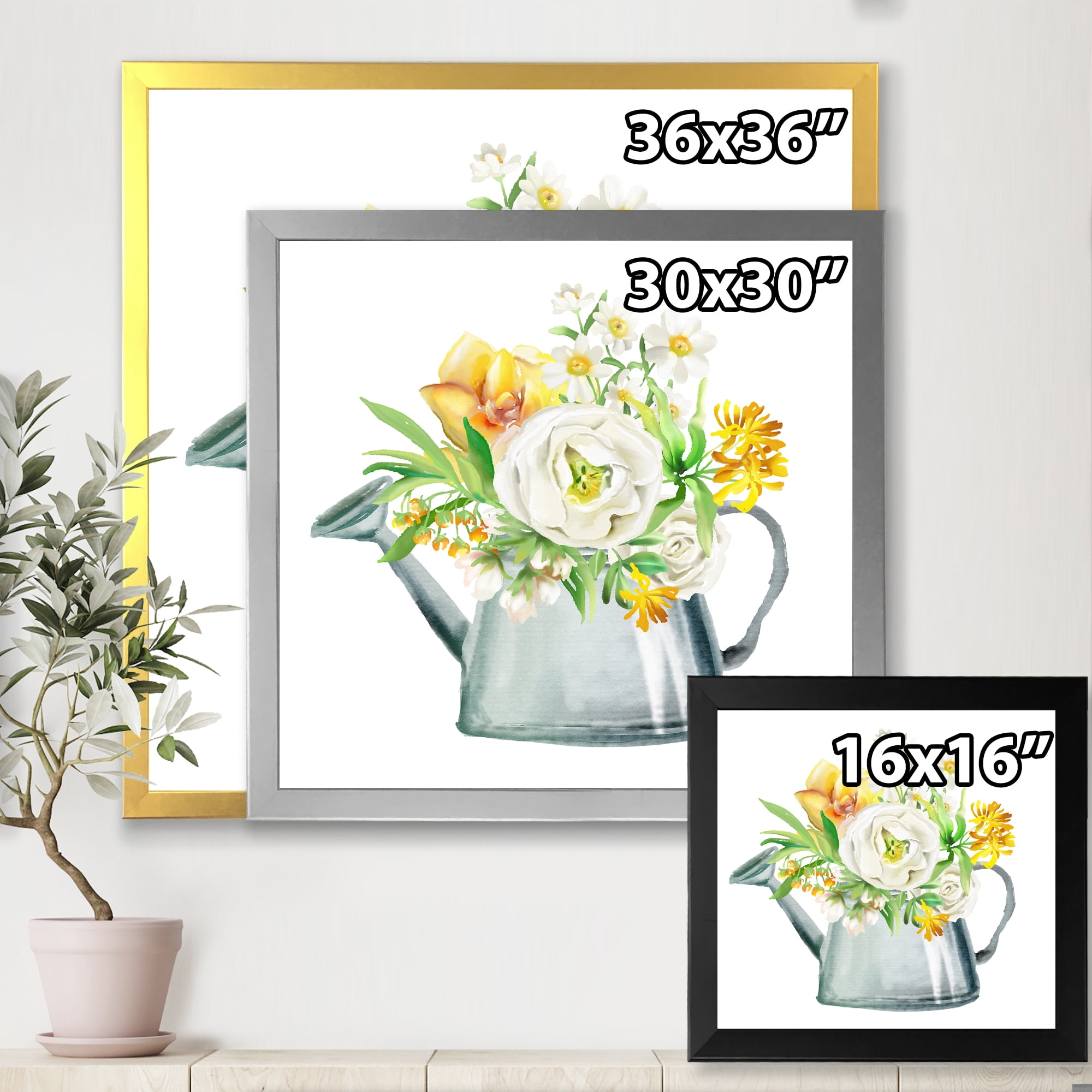 Marigolds Roses and Peonies In Garden Watering Can 36 in x 36 in Framed Painting Canvas Art Print, by Designart