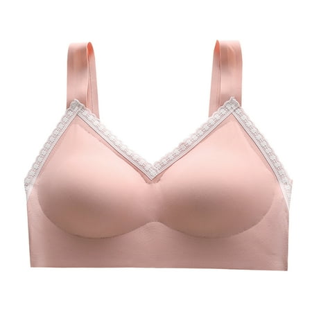 QYZEU Womens Sports Bras High Support Wireless Comfortable Soft Cups Bra Lightweight Push Up Underwear Lace Edge V Neck Tank Top Solid Color Breathable Bra Pink L