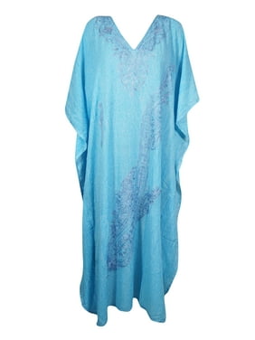 Mogul Women Sky Blue Long Dress Kimono Kaftan Beach Cover Up Maxi Dress 3XL