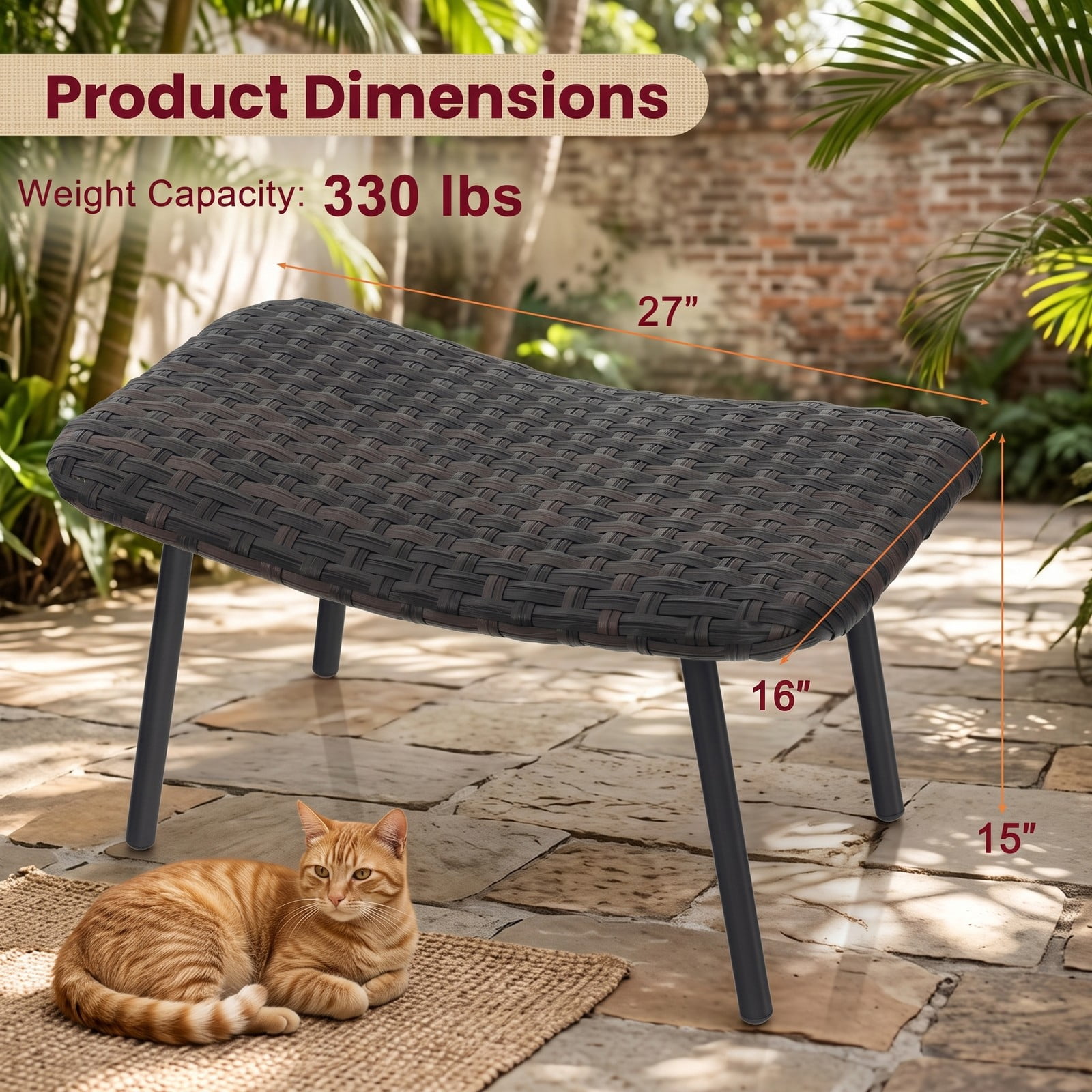 Furnibear All Weather Outdoor Ottoman Set of 2 PE Rattan Patio Footrest Stool Wicker Footstool Seat with Sturdy Metal Legs and Quick Dry Foam for Poolside, Mix Brown
