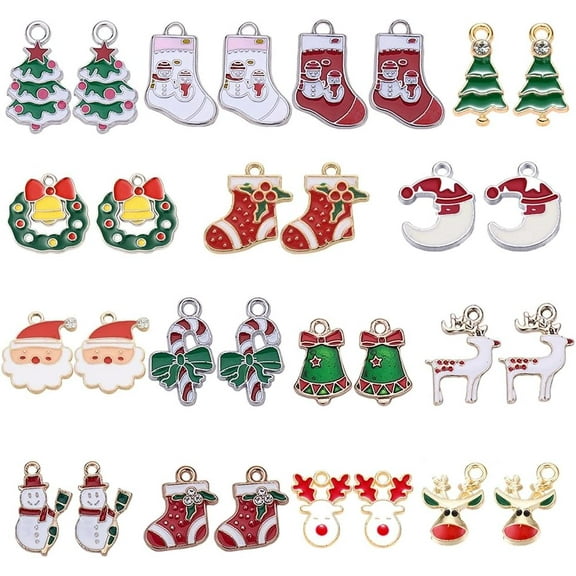 1 Box 30Pcs 15 Styles Christmas Enamel Charms Pendant for Necklace Bracelet Earring Jewelry Making Christmas Tree Decoration Xmas Tree Snowflake Snowman Reindeer Charms Silver Golden Tone for diy