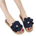 thumbnail image 5 of Fesfesfes Platform Slides Women's Summer Woven Flip-flops Navy Blue Flower Pearl Flat Beach Sandals 5.5(36), 5 of 8