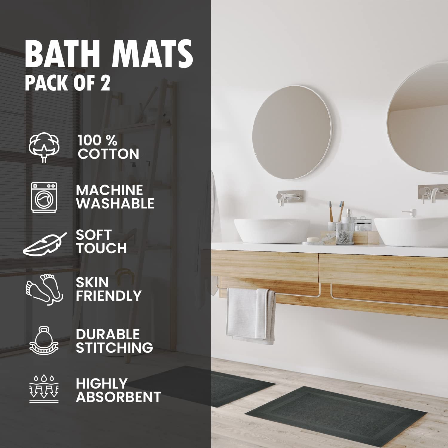 Premium Cotton Banded Blue Bath Mats Pack of 2, 22x34 inches [Not a Bathroom Rug] - Infinitee Xclusives