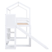 Pinovk Twin Size Wood House Loft bed with Slide, Storage shelves and Light, White