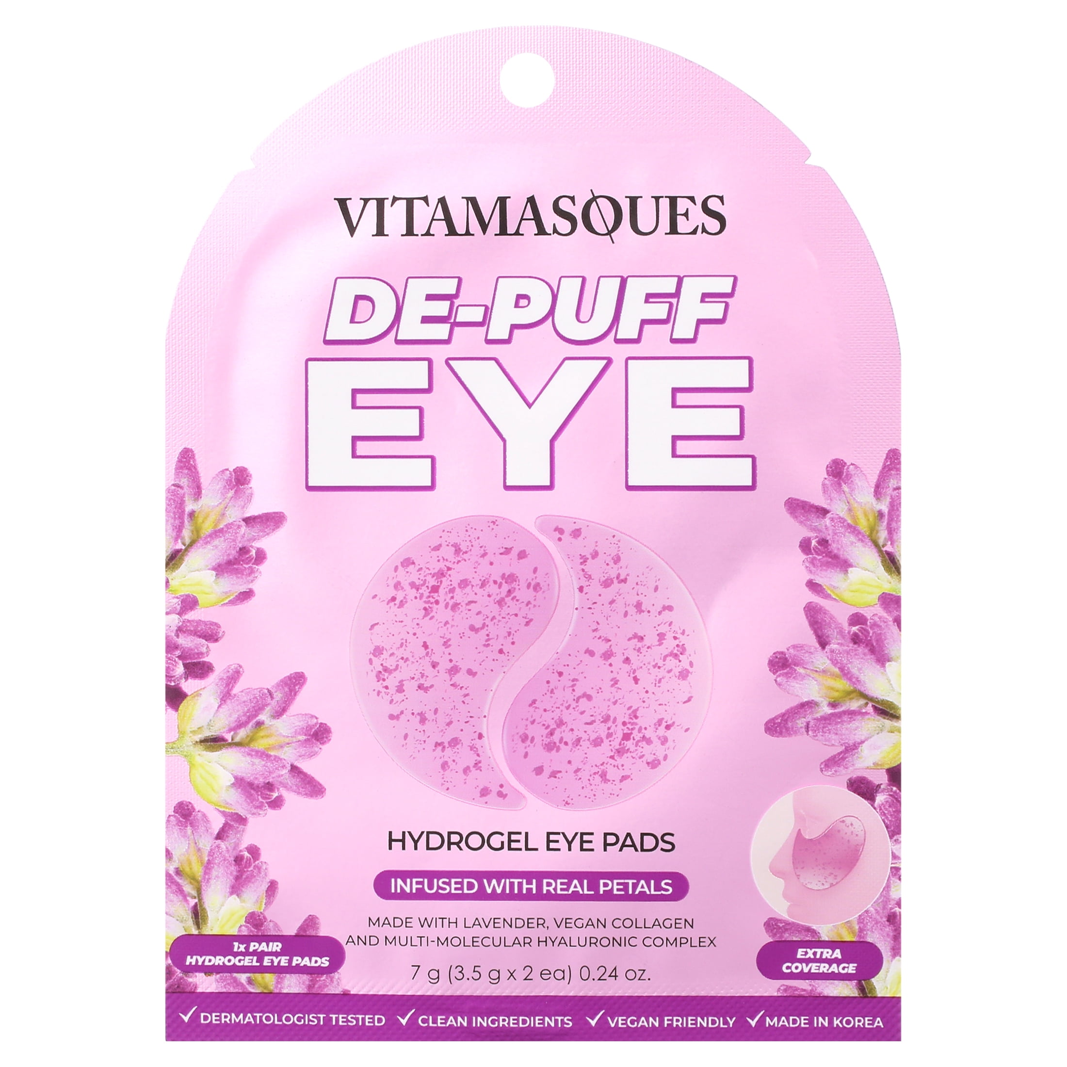 (2 pack) Vitamasques De-Puff Hydrogel Eye Pads, with Lavender & Vegan Collagen, 1 Pair