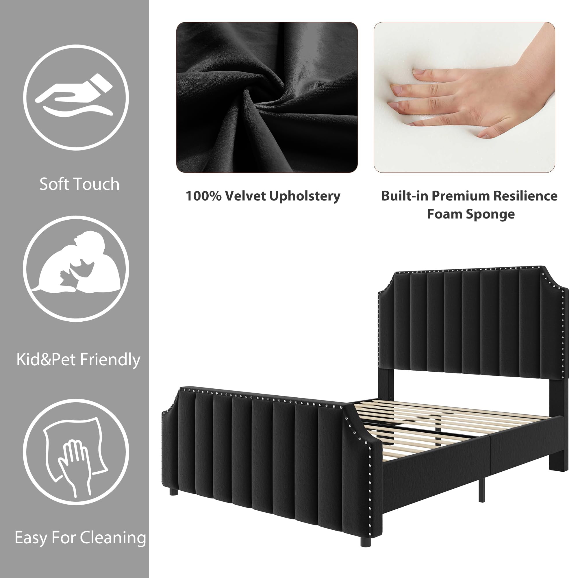 Huisuilinss Queen Bed Frame,Upholstered Platform Bed Frame,Velvet King Size Bed Frame With Nailhead Trim Headboard & Footboard,No Box Spring Needed,Noise Free,Wooden Slats