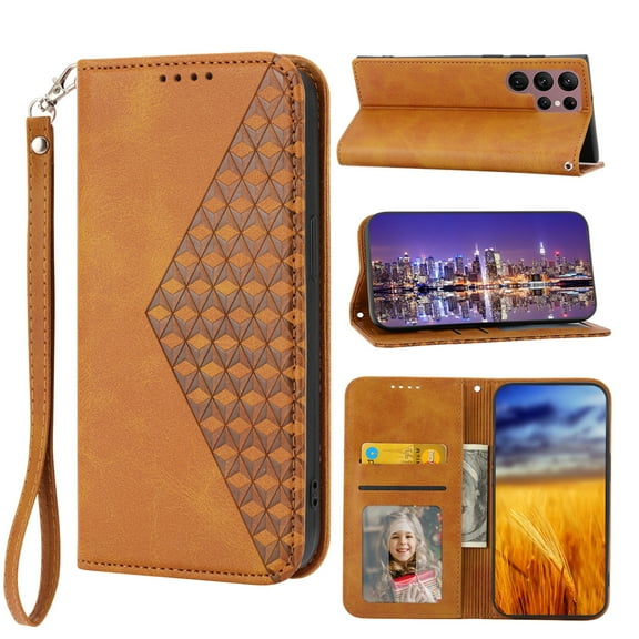 Tarise for Samsung Galaxy S22 Ultra 5G Flip Cover, Luxury PU Leather Shockproof Folding Kickstand Card Holder Pocket Wallet Wrist Strap Handbag Phone Case for Samsung S22 Ultra 6.8 inch, Yellow