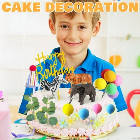 Animal-Themed Birthday Party Decor Kit with Cake Toppers, 10 Hats, Reusable Plastic Figures & Colorful Balloons for Kids (Leopard, Elephant, Dinosaur Themes)