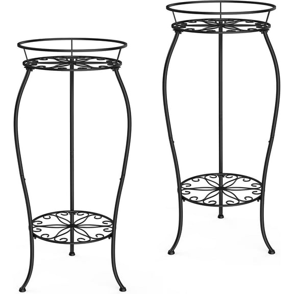 2 Pack Metal Plant Stands, Tall Planter Holder Indoor Outdoor, 2 Tier Round Potted Supports Rack, Corner Display Shelf Black