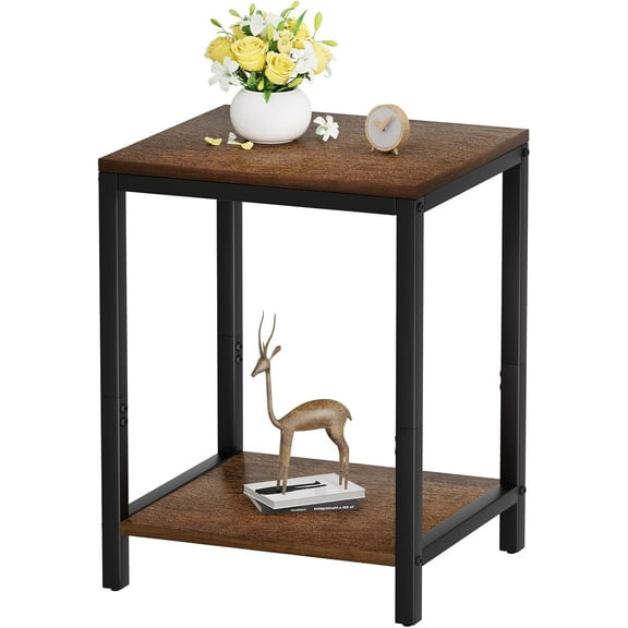 Wood End Tables Small Side Table with Storage Night Stand Metal Frames 2 Tier Bedside Table with Adjustable Feet, 1PCS, Walnut