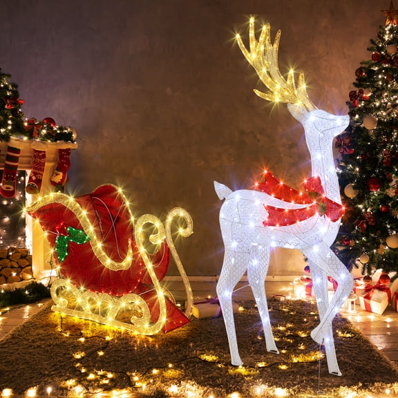 Gymax Lighted Christmas Reindeer & Sleigh Set Light-up Xmas Decorations w/462 LED