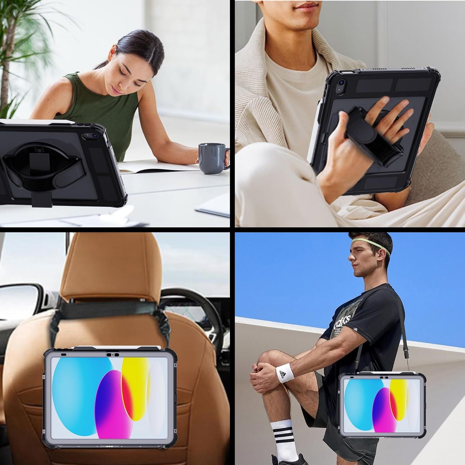 AICase Waterproof Case for iPad(A16) 11th Generation 11 inch 2025 Case with Screen Protector with Pencil Holder & Stand & Shoulder Strap & Handle Full-Body Rugged Cover Black