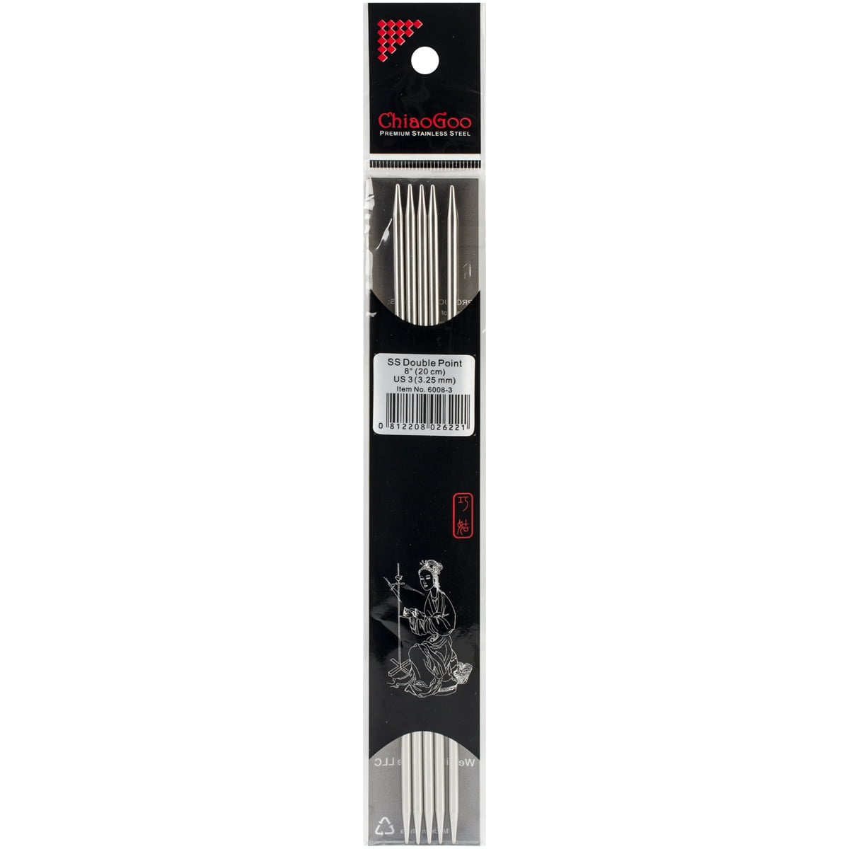 Double Point Stainless Steel Knitting Needles 8" 5/PkgSize 3/3.25