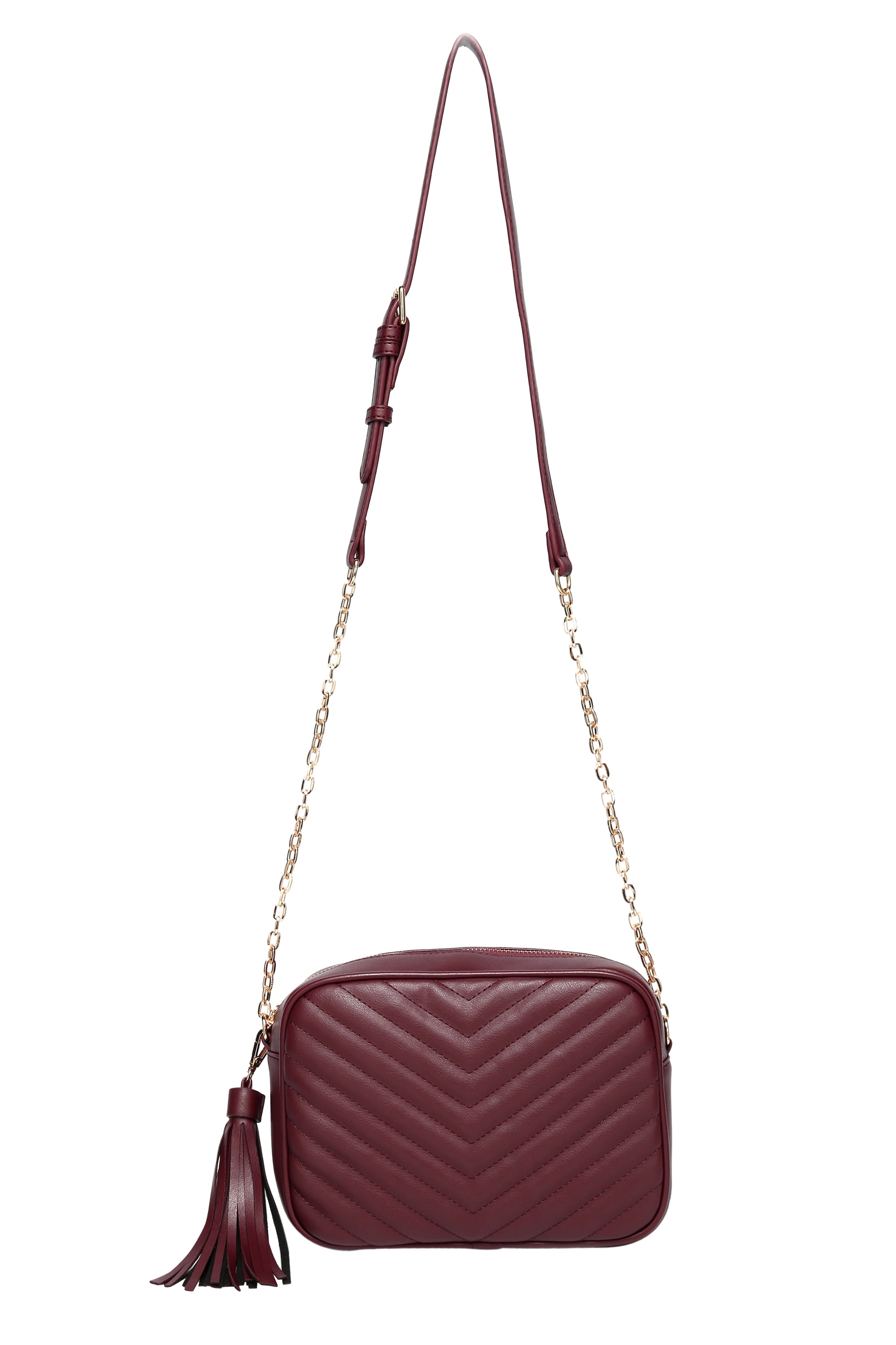 Daisy Rose Quilted Shoulder Cross body bag for Women with tassel - PU Vegan Leather - Burgundy