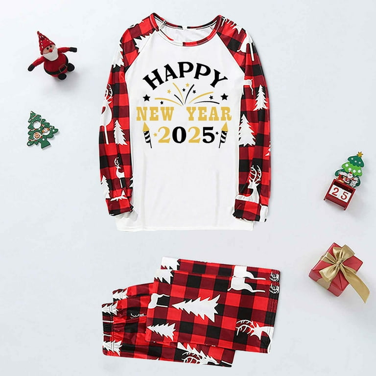 Festive New Year 2025 Family Matching Pajamas Set Red Plaid Long Sleeve Tops and Pants Sleepwear Walmart