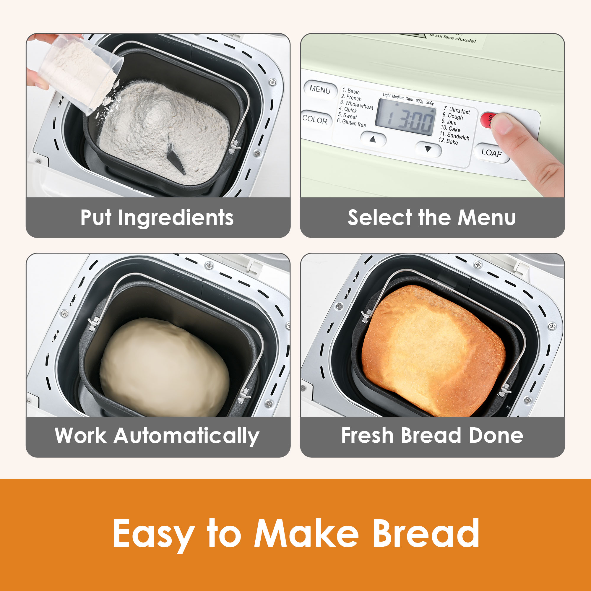 Kitchen in the Box 2lb Bread Maker with Auto Fruit Nut Dispenser, 12-in-1 Gluten-Free Bread Machine, 13H Delay Timer, Nonstick Pan, Keep Warm, Green