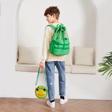 Mygreen Multifunctional 2 in 1 Children Boy Girl Frog Print Drawstring Backpack Outdoor Casaul Portable Detachable Crossbody Shoulder Bag Swim Gymsack Sack Pack Green