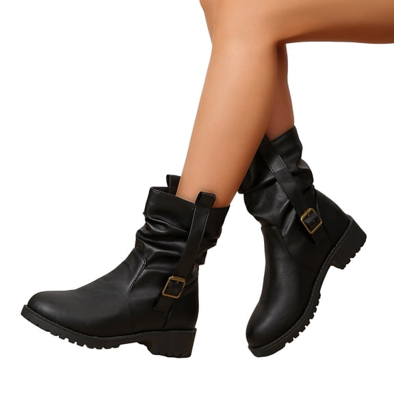 Slouchy Riding Boots for Women Lug Sole Chunky Low Heel Fashion Buckle Strap Slip on Round Toe Casual Ankle Booties Black 5.5