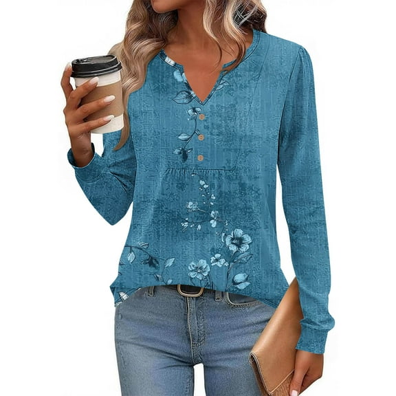 Uootdi Boho Tops for Women Long Sleeve Shirts for Women Casual Pleated V Gift Neck Fall Tunic Tops Button Down Blouse Dressy