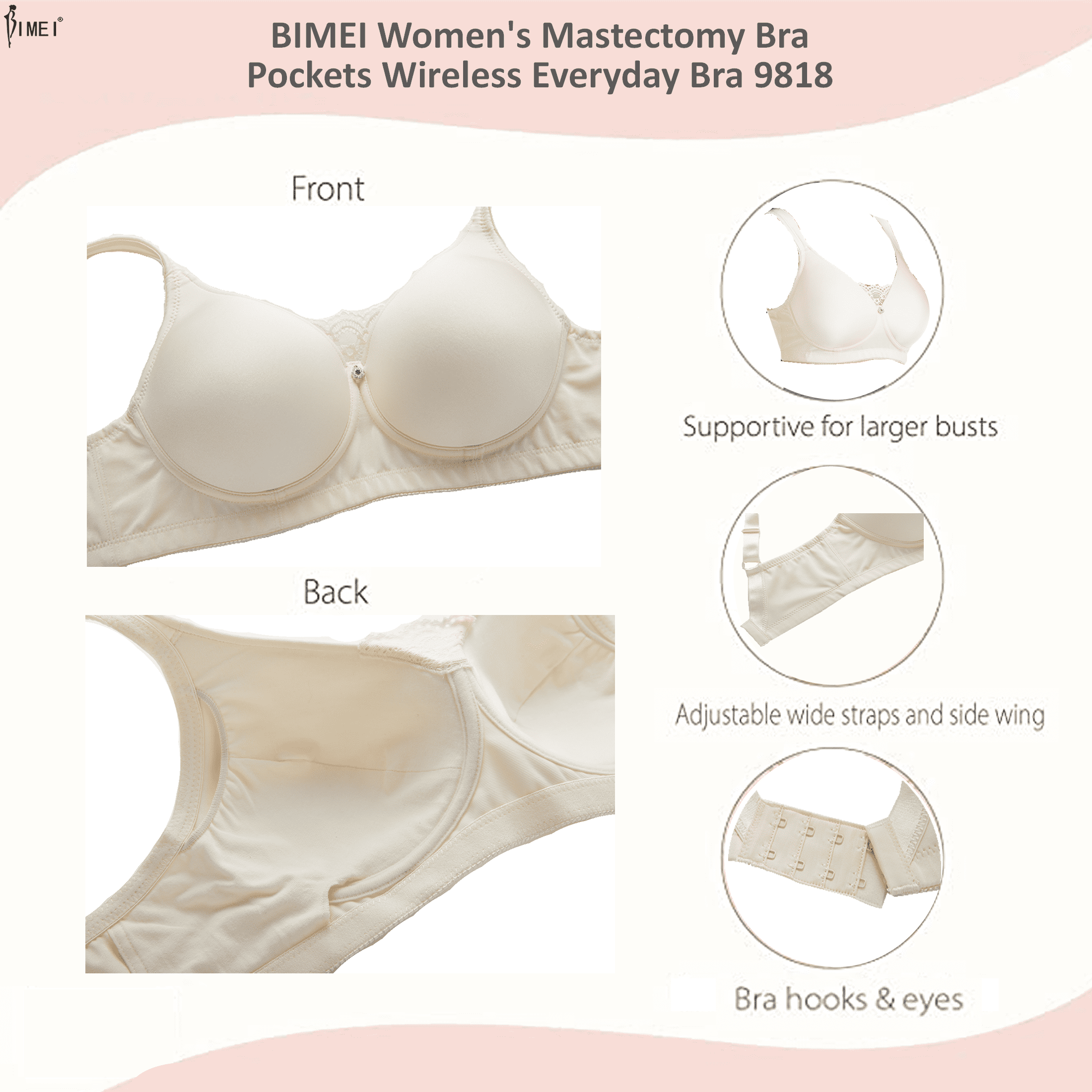BIMEI Women's Mastectomy Bra Pockets Wireless Post-Surgery