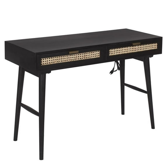 Pemberly Row Modern Solid Wood Desk w/ Built-in-Outlet in Black