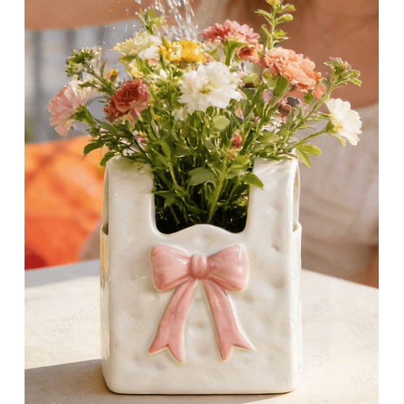 Ceramic Purse Vase with Pink Bow - 5.5" Handbag Shaped Flower Pot for Spring & Easter Decor, Novelty Floral Container for Living Room Vanity, Unique Gift for Women & Home Esthetics
