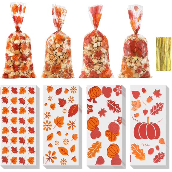 100 PCS Thanksgiving Treat Bags, Fall Thanksgiving Candy Bag Plastic Cellophane Goodie Autumn Pumpkin Maple Leaves Cookie Gift Bag with Twist Party Favors Supplies