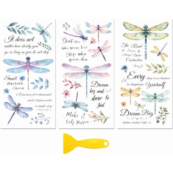 Rub on Transfer Decal Sticker for Furniture Craft Decor 6"x12" Dragonflies and Inspirational Quotes 3Pcs Waterproof UV DTF Transfer for Drawer Dresser Glass Porcelain Wood Plastic Window colorful
