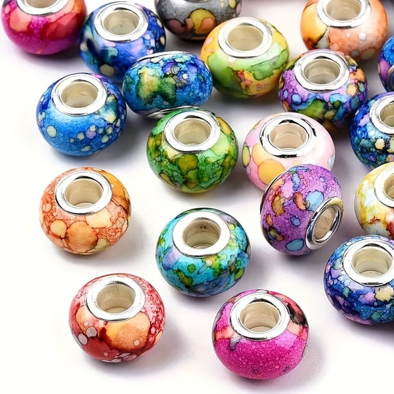 100 Large Hole European Style Beads - Watercolor Colorful Resin Round Beads with Silvery Copper Core, Durable Plastic for DIY Jewelry Making, Bracelets, Necklaces, Hair Braiding & Crafting, Beads