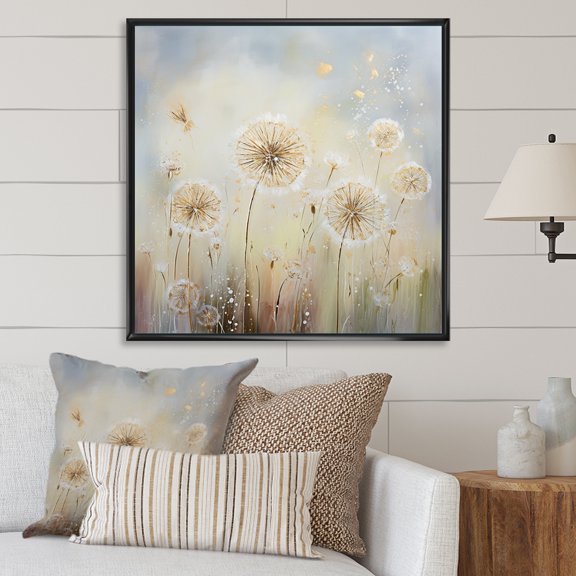 Designart "Breezy Dandelion Field II" Flower Field Floater Framed Wall Art Living Room