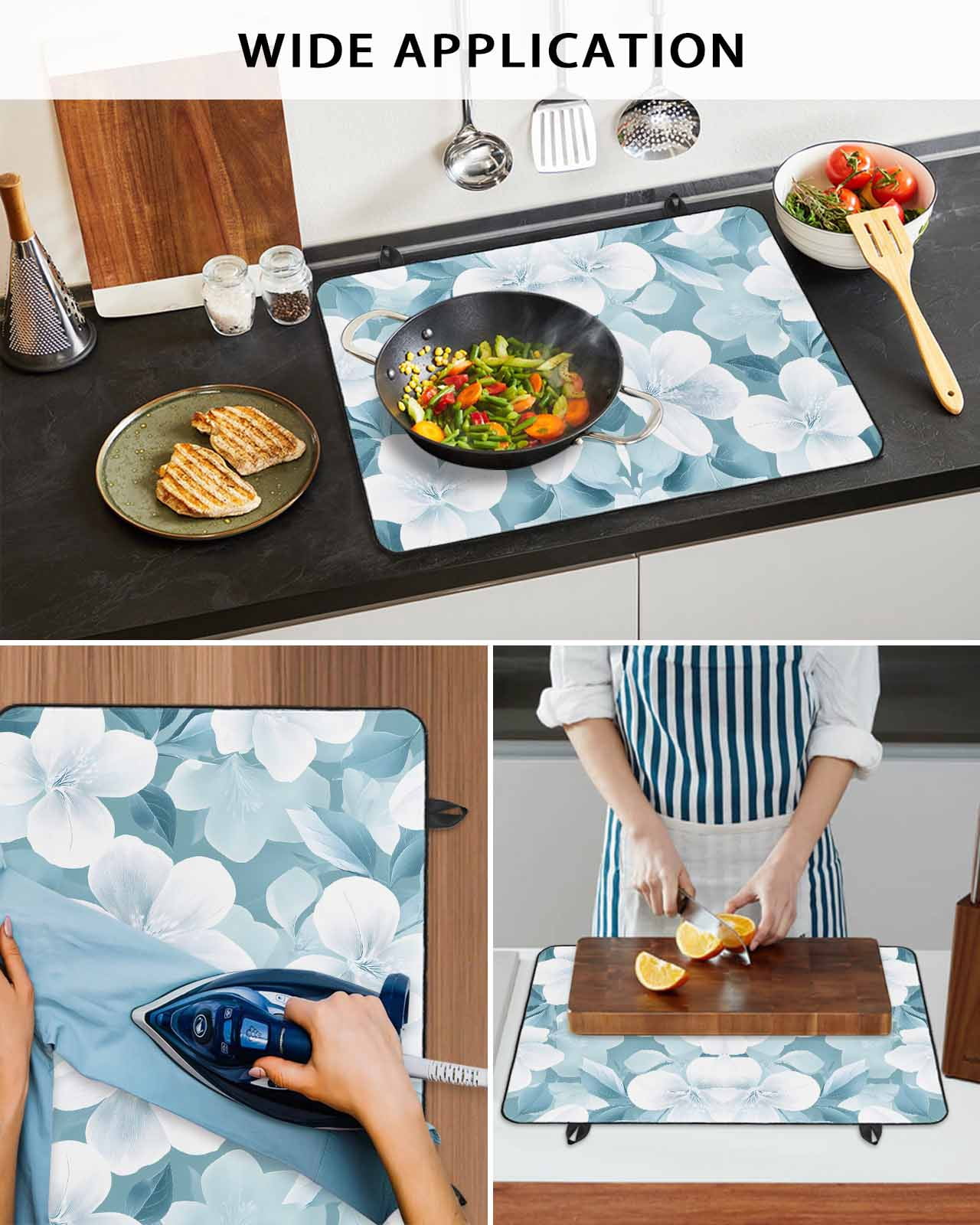 nqOlkjepod Large Induction Cooktop Protector Mat 24"x21", Watercolor Flowers Stove Top Covers for Electric Stove, Spring Vintage Blue Floral Botanical Stove Burner Cover Mats, Glass Top Stove Cover
