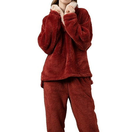 

Women 2pcs Pajamas Solid Color Flannel Long Sleeve Hoodie and Pants