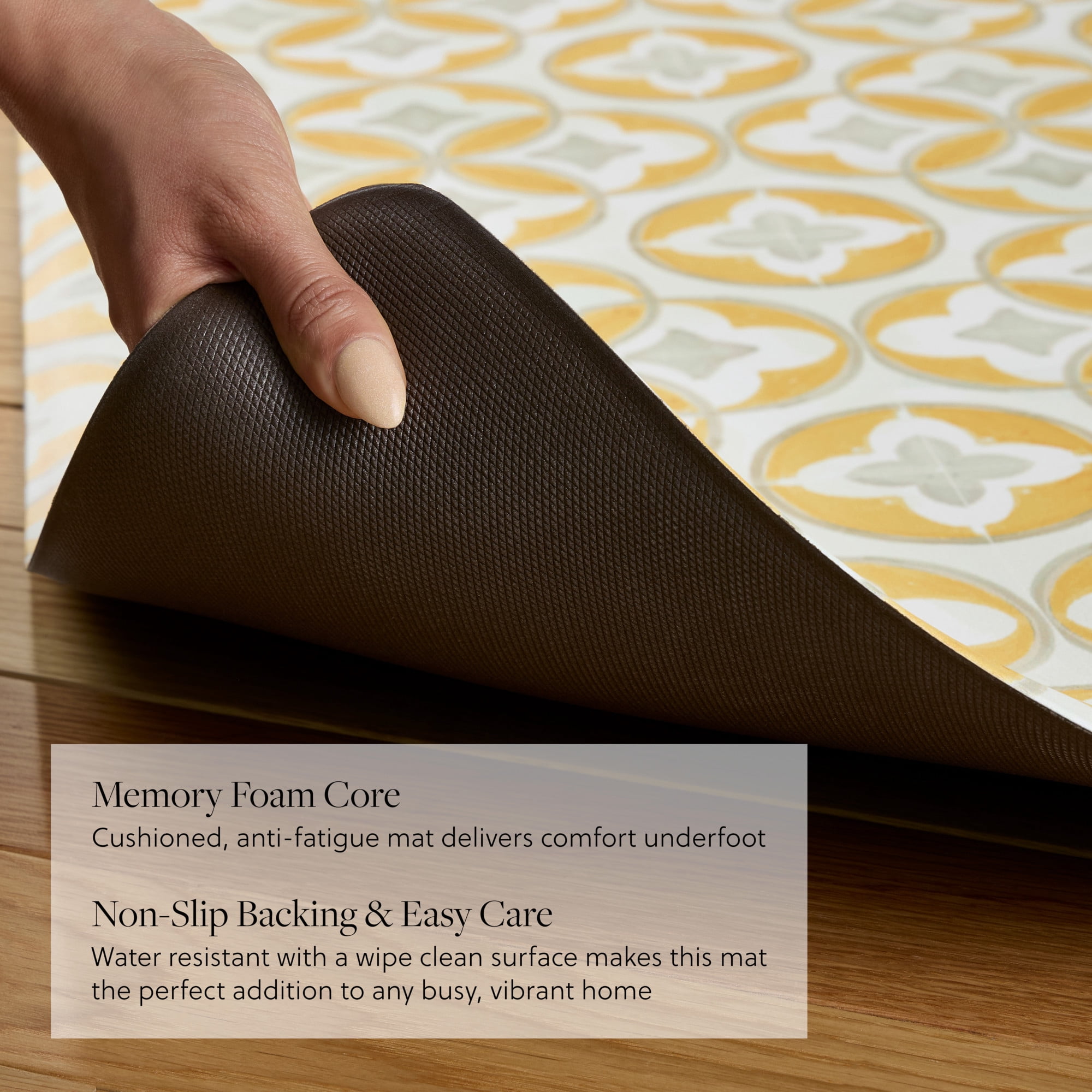 FIESTA Mali Tiles Geo Trellis Anti-Fatigue Comfort Kitchen Runner Mat, Non-Slip Floor Mat, Padded Standing Desk Mat, Yellow/Grey/White, 20"x55"