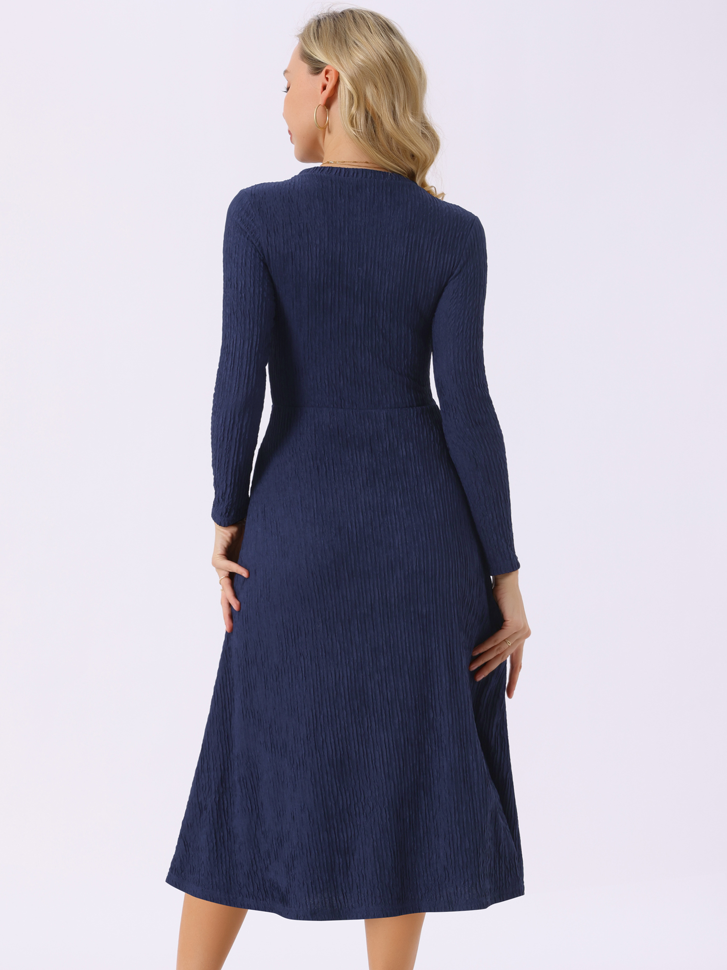 DARING DIVA Long Sleeve Crew Neck Knit A-Line Midi Dress L Dark Blue
