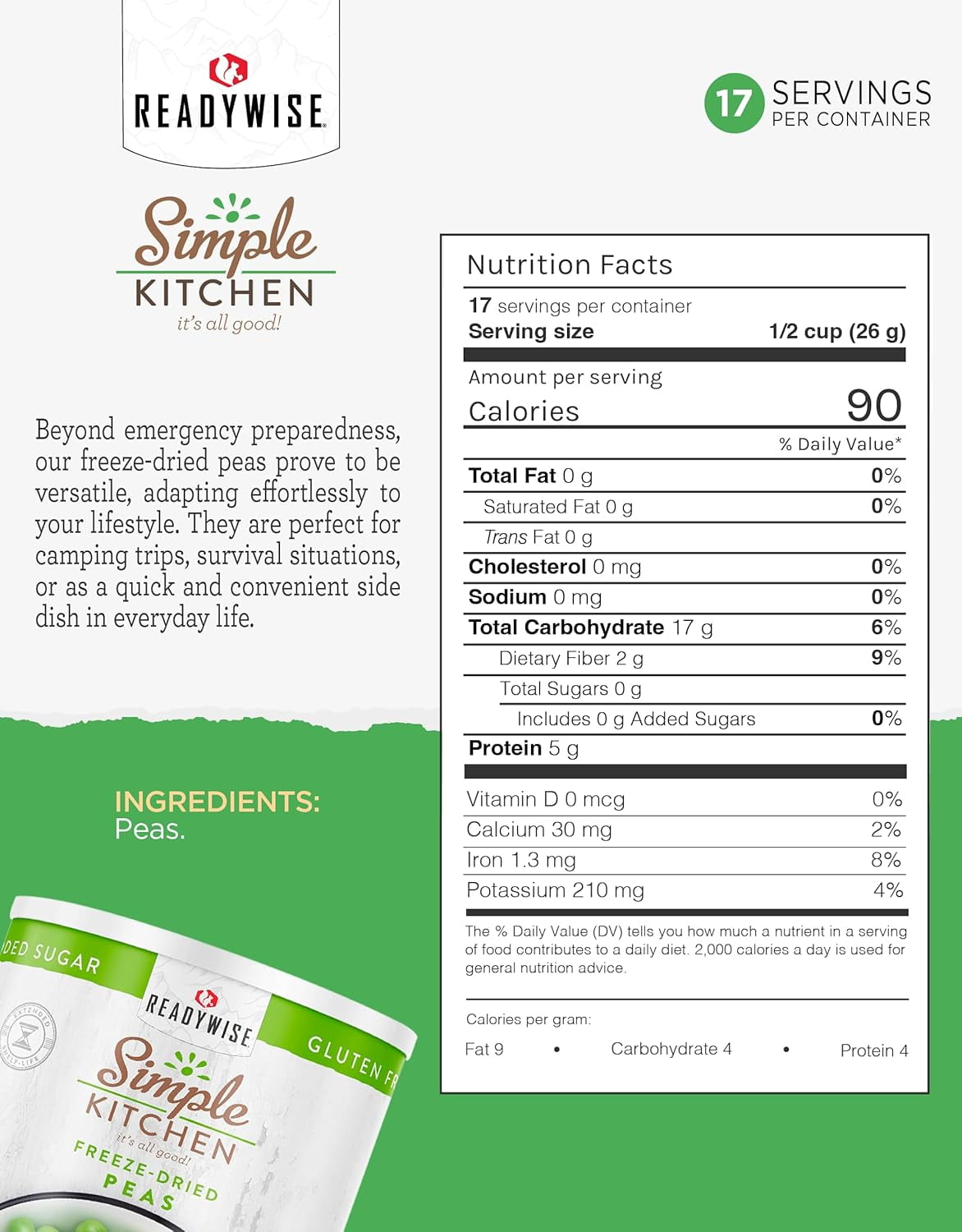 ReadyWise Freeze-Dried Peas Emergency Food, 17-Serving Can - Long Shelf Life