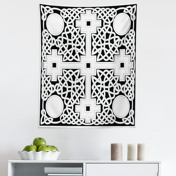 Celtic Tapestry, Celtic Knot Composition with Prehistoric Geometric Forms in an Intricate Design, Fabric Wall Hanging Decor for Bedroom Living Room Dorm, 5 Sizes, White and Black, by Ambesonne