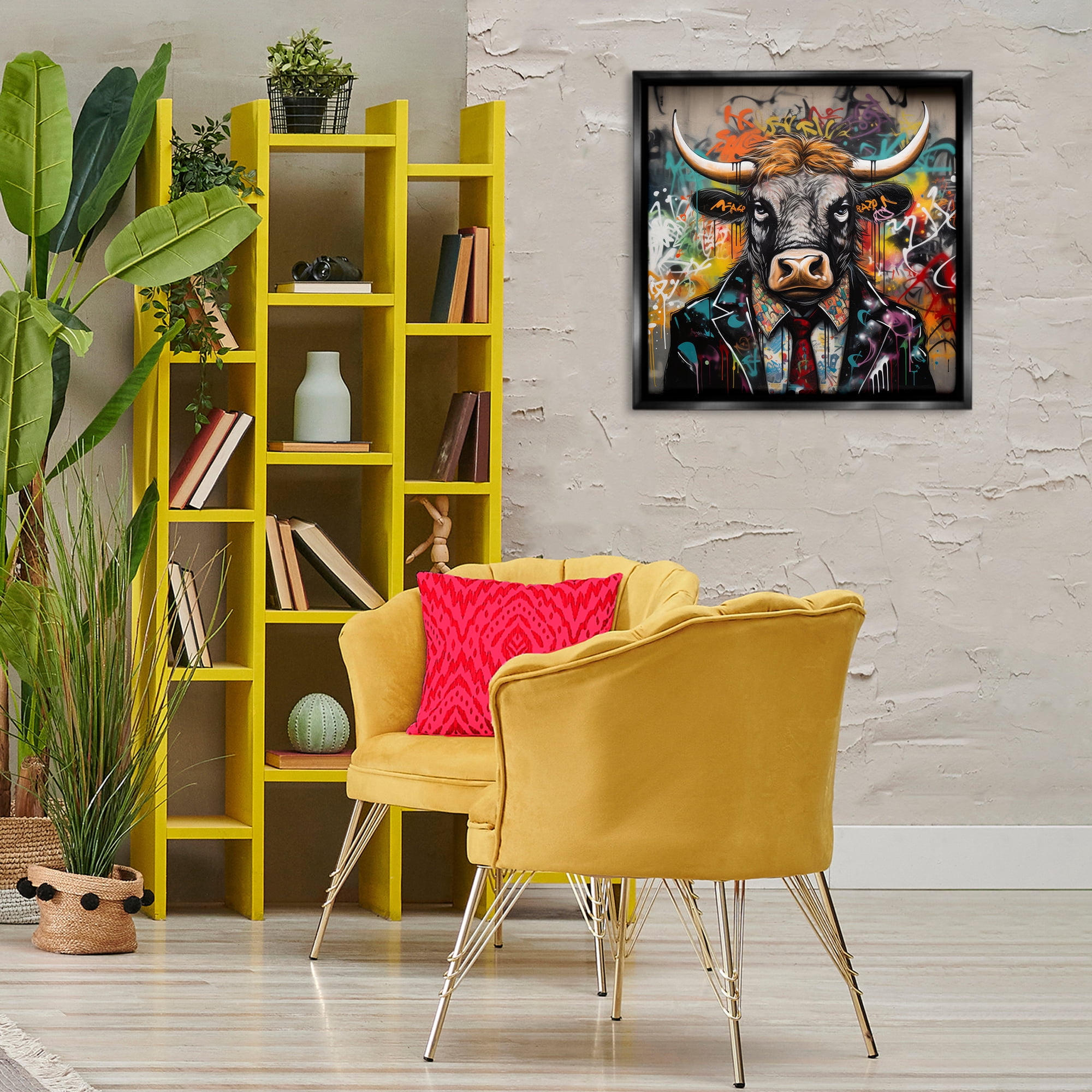 Stupell Industries Urban Graffiti Bull Animals & Insects Painting Black Floater Framed Canvas Art Print Wall Art, 25 x 25