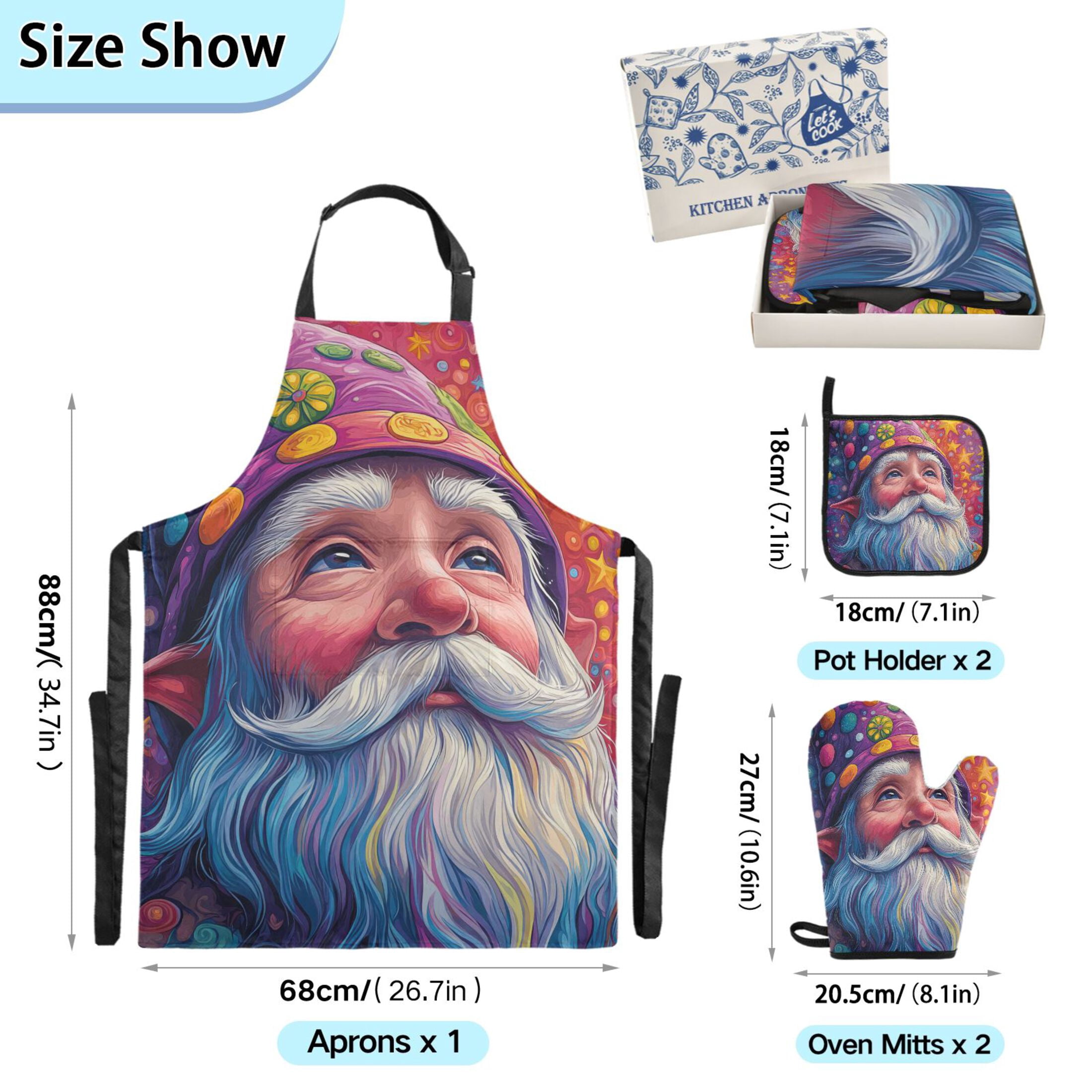 Cartoon Colorful Gnome 5 Pcs Kitchen Set Heat Resistant Oven Mitts and Non-Slip Pot Holders with Adjustable Cooking Apron