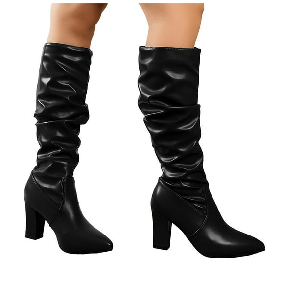 Rokment Slouchy Knee High Dress Boots for Women Fall Winter Fashion Slouch Leather Pointed Toe Block High Heel Pull on Mid Calf Tall Boots Black Size 6
