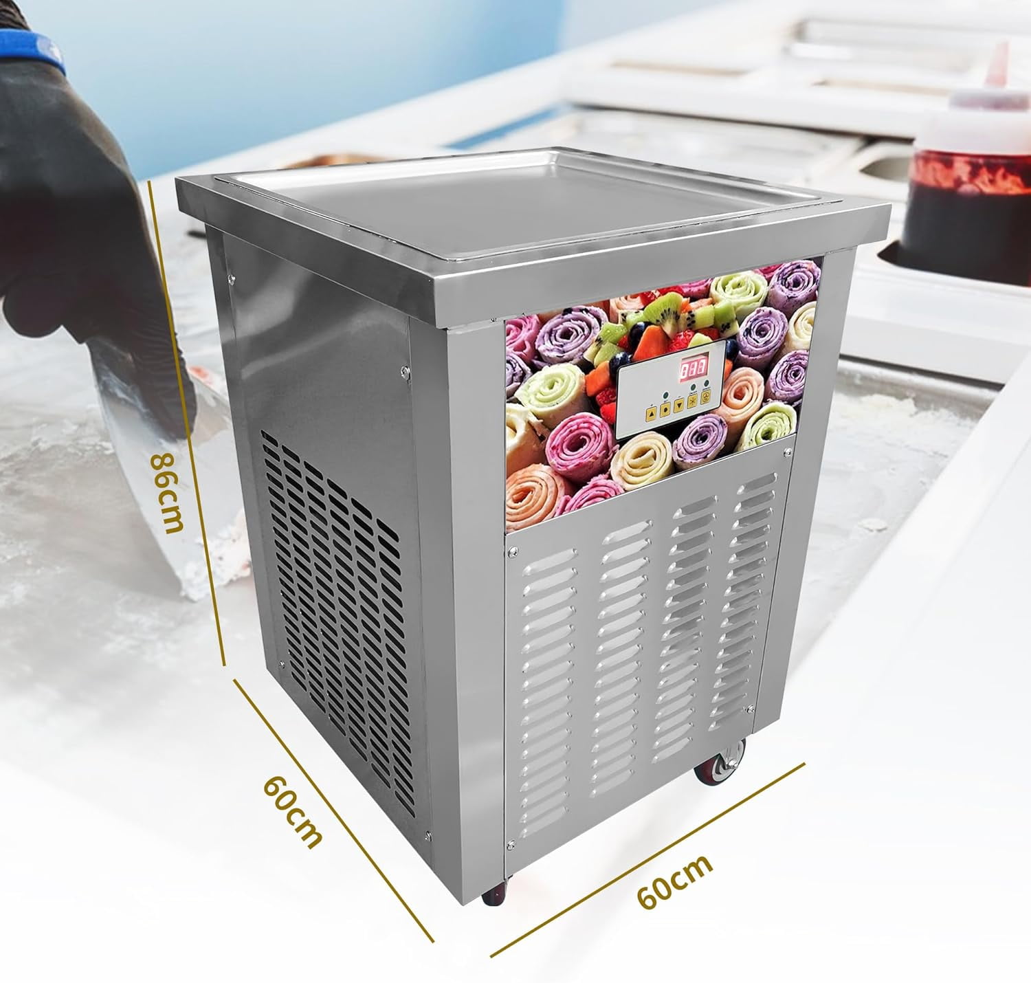 Commercial Fried Ice Cream Roll Machine, 22'' Square Pan Stir Fry Ice Cream Maker, NO HOT SPOT Electric Frozen Yogurt Flat Plate Ice Pan Rolled Machine Batch Freezer, 110V, 900W