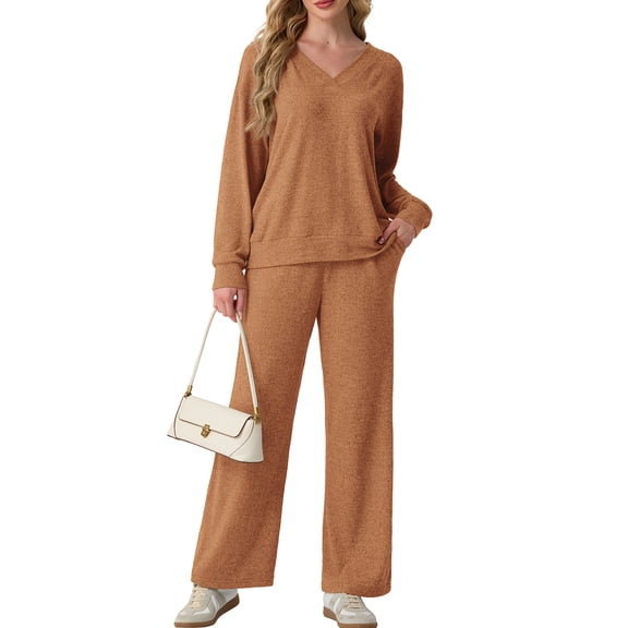 Cueply Lounge Sets for Women 2 Piece Outfits Fall Long Sleeve Knit Sweater Top Wide Leg Pants Loungewear Winter Matching Set