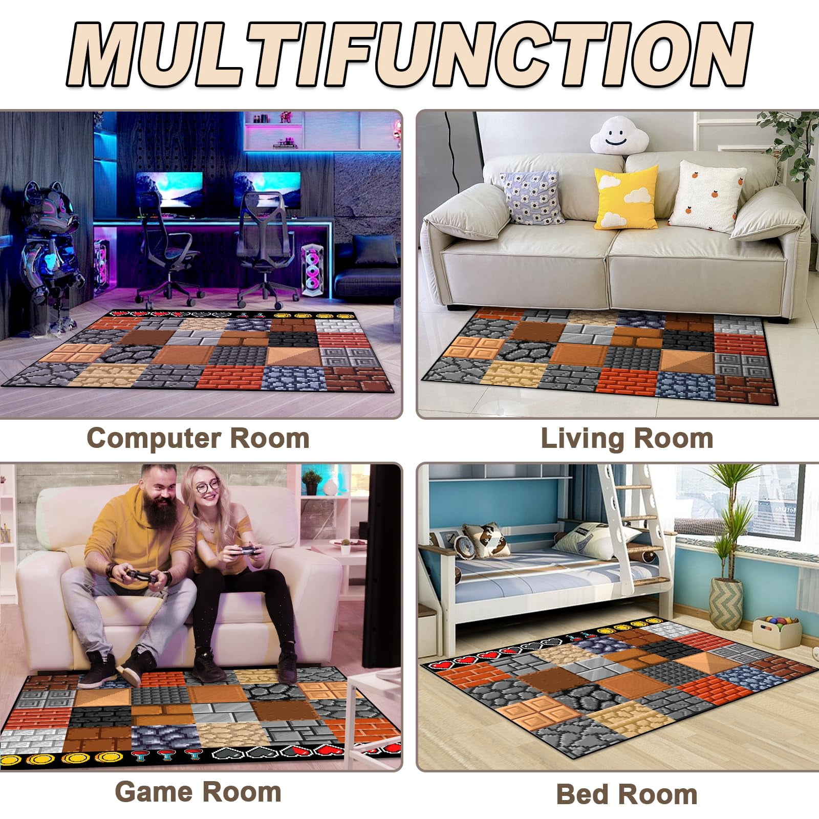 Game Rug Teen Boys Carpet with Wall Pixel Game Element Decoration, 8 Bit Old Game Rugs for Boy’s Bedroom Living Room Playroom, Non-Slip Children Gaming Area Rugs (79" x 59")