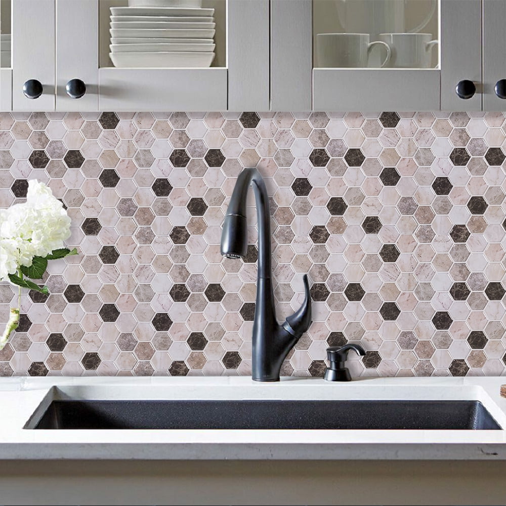clevermosaics Sticky Peel and Stick Hexagon Marble Mosaic Tile for Wall, Kitchen, Bathroom (10 Tiles/Set)