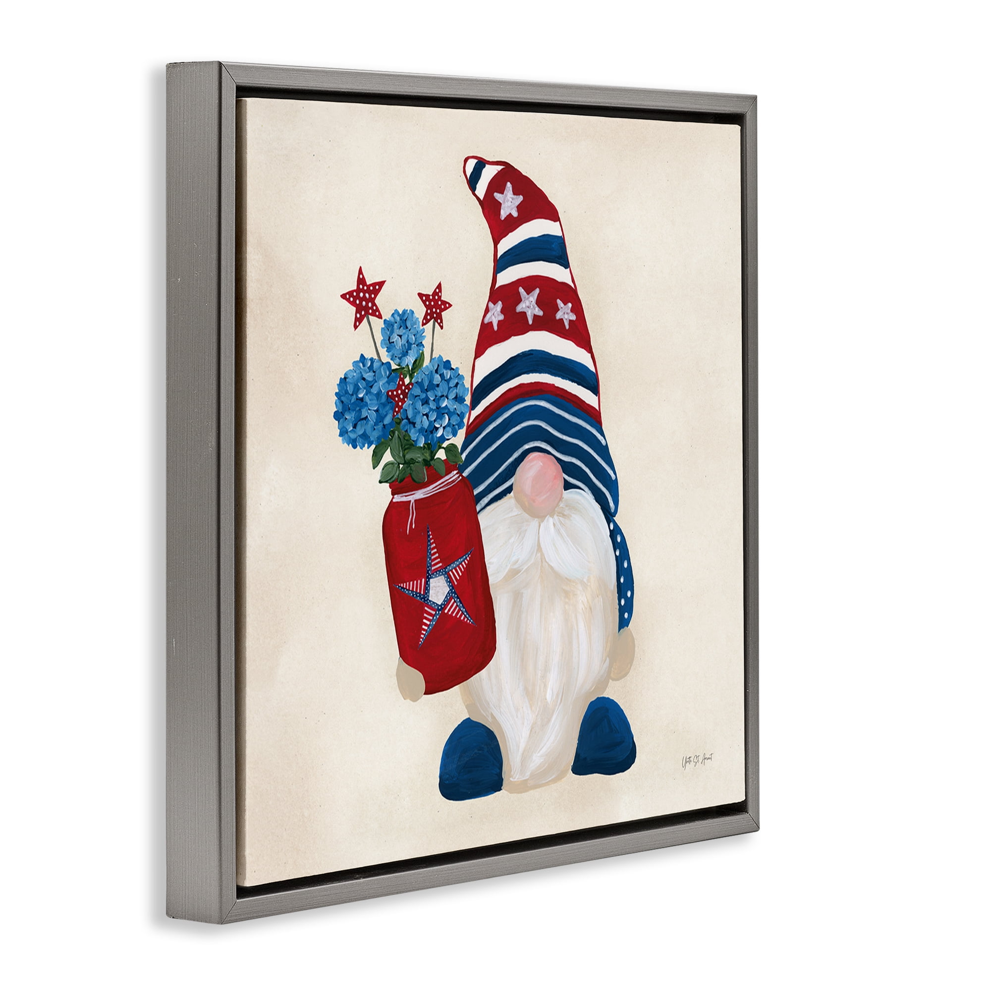 Stupell Industries American Gnome with Flowers Patriotic Painting Gray Floater Framed Canvas Art Print Wall Art, 18 x 18